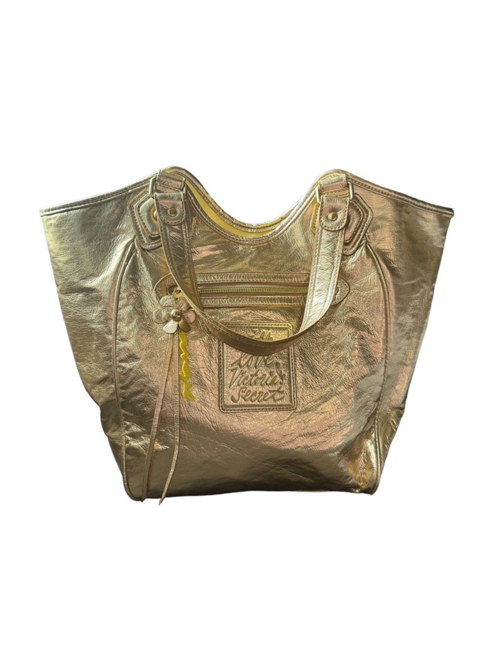 Victoria's Secret Gold Metallic Tote with Charm and Gold Makeup bag .
